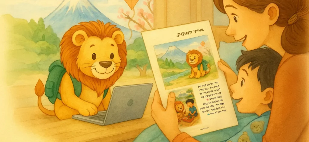 לביא האריה במסע ביפן כותב מכתב בלפטופ ומהצד השני אמא ובן יושבים במיטה וקוראים יחד מכתב מודפס של לביא מהמסע ביפן