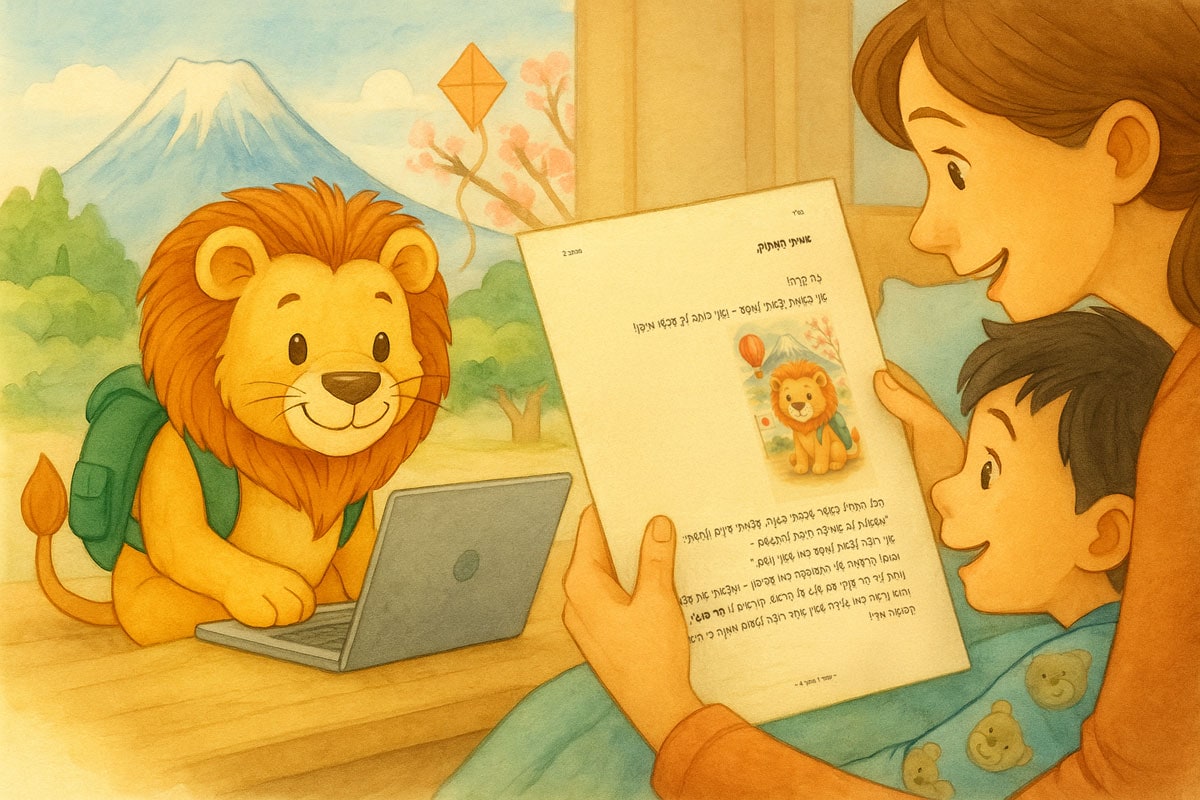 ילד קורא עם אמא שלו במיטה את המכתב שלביא האריה שלח מיפן